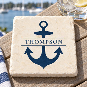 Posavasos De Piedra Ancla de la Marina Náutica Monograma Personalizado