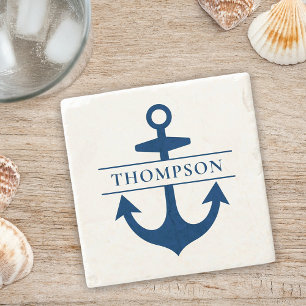 Posavasos De Piedra Ancla de la Marina Náutica Monograma Personalizado