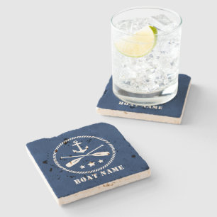 Posavasos De Piedra Ancla y orejas cruzadas con tu nombre de barco en