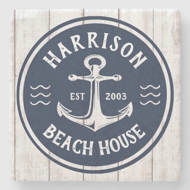 Posavasos De Piedra Anclaje blanco Nautical Family Name Beach House (Anverso)