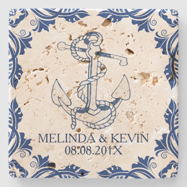 Posavasos De Piedra Anclaje naumático azul y marco floral azul (Anverso)
