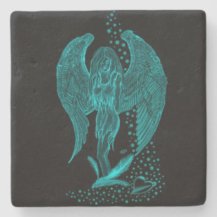 Posavasos De Piedra Ángel perdido en el amor, negro y verde diseño