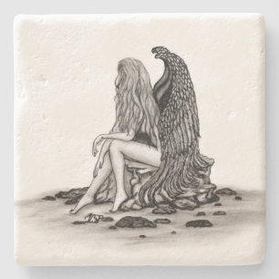 Posavasos De Piedra Ángel, perdido en el pensamiento, diseño blanco y 