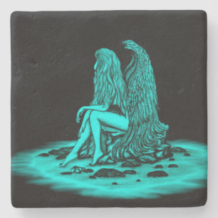 Posavasos De Piedra Ángel, perdido en el pensamiento, negro y verde Di