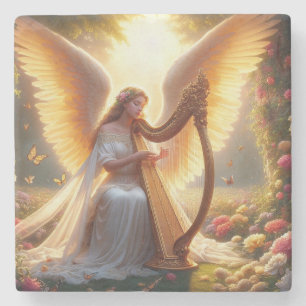 Posavasos De Piedra Ángel tocando un arpa con flores y mariposas