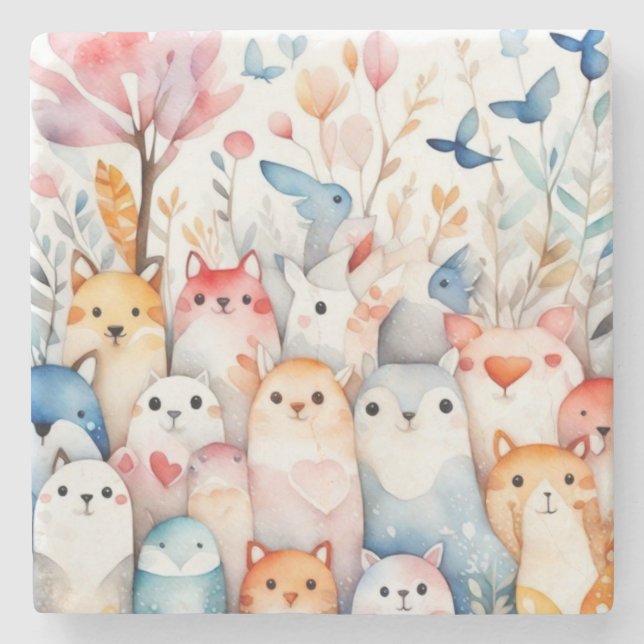 Posavasos De Piedra Animales florales y bonitos diseños (Anverso)