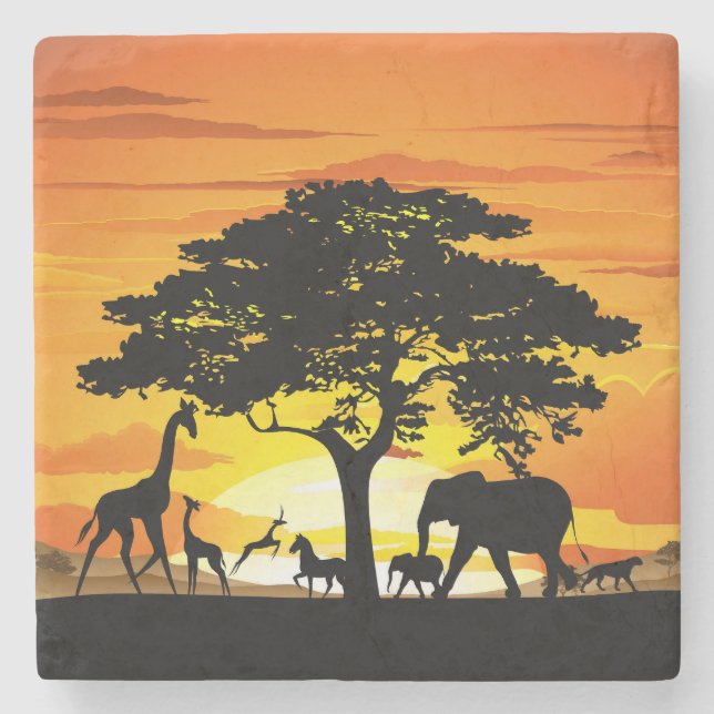 Posavasos De Piedra Animales salvajes al atardecer en la sabana africa (Anverso)