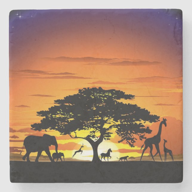 Posavasos De Piedra Animales salvajes al atardecer en la sabana africa (Anverso)