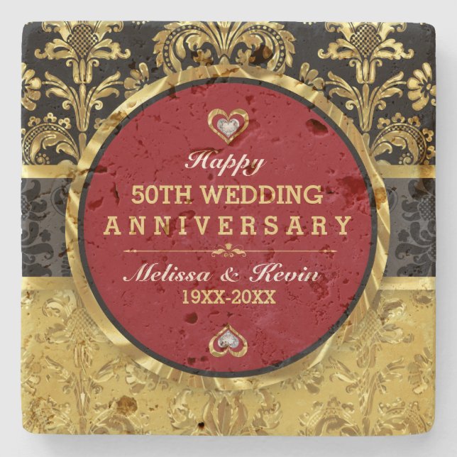 Posavasos De Piedra Aniversario del Boda de oro negro rojo y oro (Anverso)