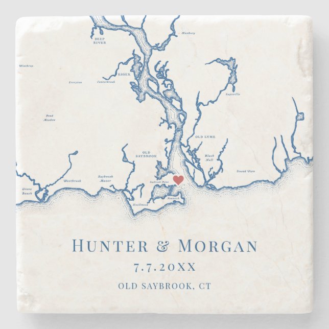 Posavasos De Piedra Antiguo Boda azul de la Marina de Saybrook CT Map (Anverso)