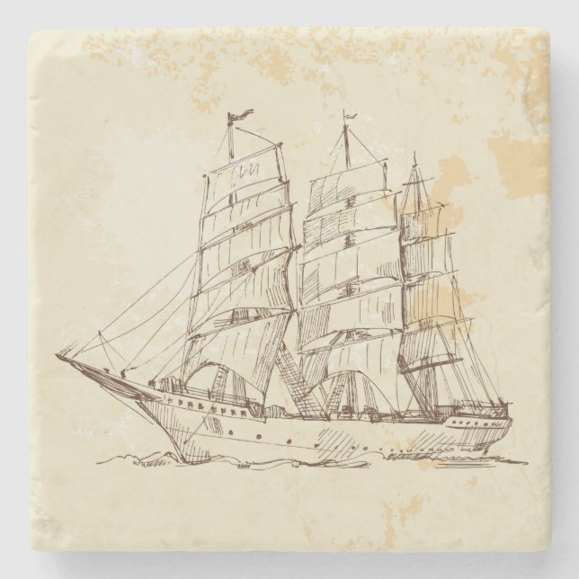 Posavasos De Piedra Antiguo Esbozo de Barco Navegante (Anverso)