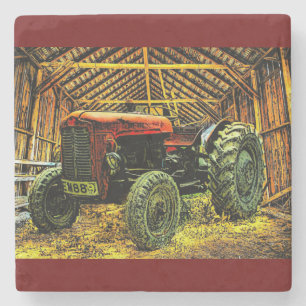 Posavasos De Piedra Antiguo Tractor Rojo Rústico Barn