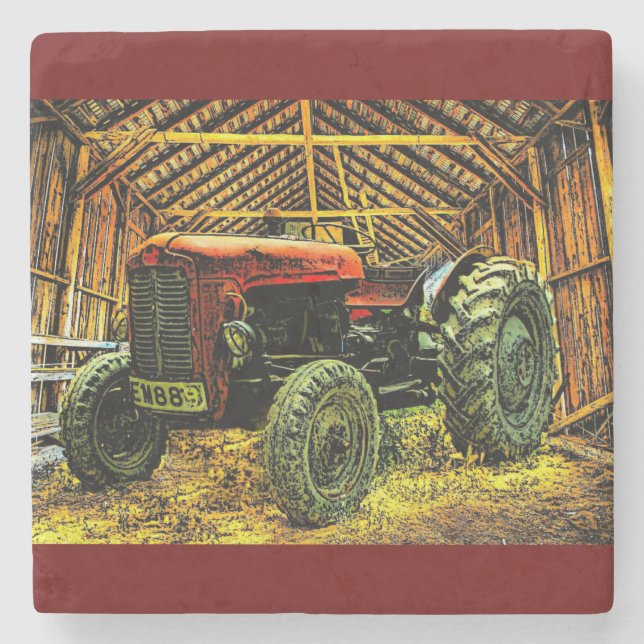 Posavasos De Piedra Antiguo Tractor Rojo Rústico Barn (Anverso)