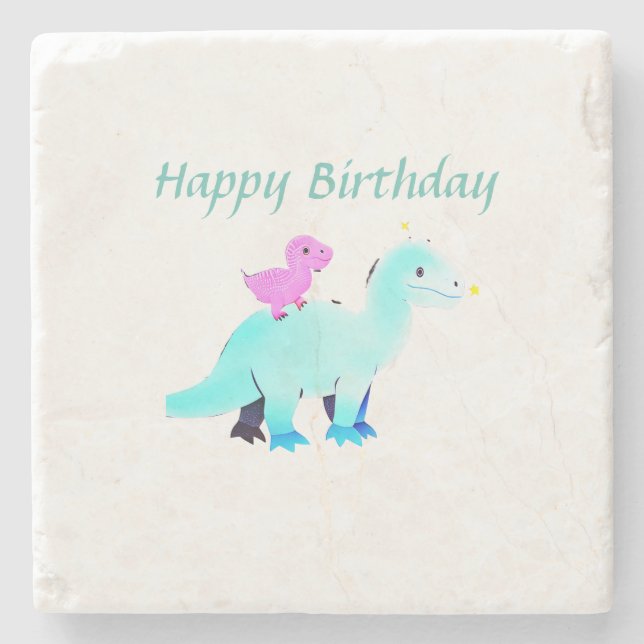 Posavasos De Piedra Anuncio de cumpleaños de dinosaurio azul verde azu (Anverso)