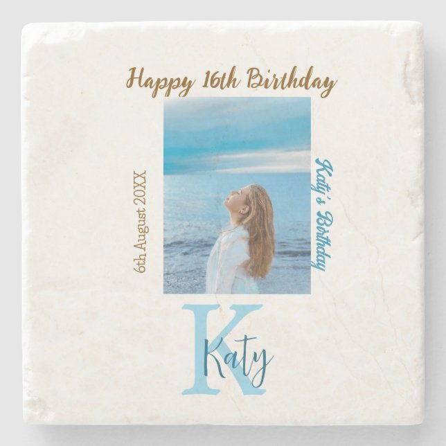Posavasos De Piedra Aqua azul marrón feliz nombre de foto de 16 años (Anverso)