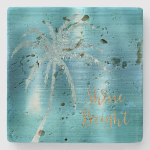 Posavasos De Piedra Aqua Glitz Purpurina Tropical Palm Tree