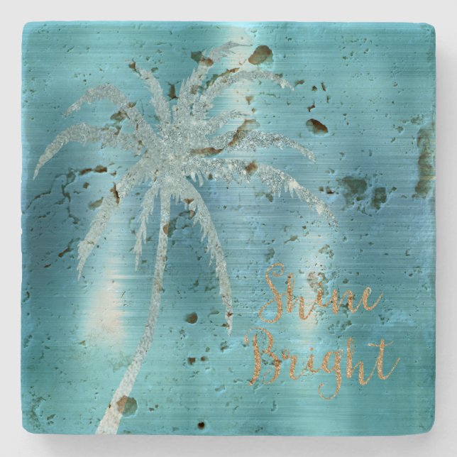 Posavasos De Piedra Aqua Glitz Purpurina Tropical Palm Tree (Anverso)