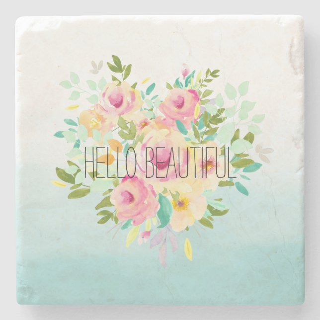 Posavasos De Piedra Aqua Ombre Flor Amarilla Rosa (Anverso)