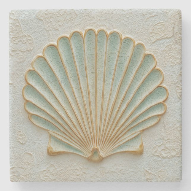 Posavasos De Piedra Aqua Scallop Shell Coastal Art (Anverso)