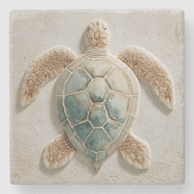 Posavasos De Piedra Aqua Sea Turtle Coastal Artwork (Anverso)