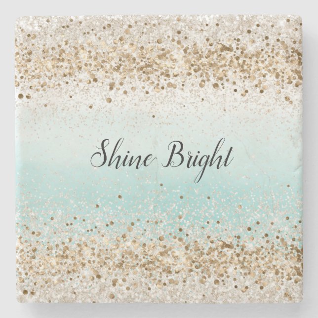 Posavasos De Piedra Aqua Watercolor Gold Confetti Purpurina (Anverso)