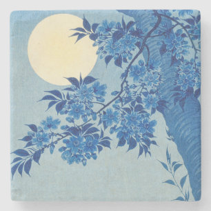 Posavasos De Piedra Árbol azul bajo la luz de la luna: noche de flor d