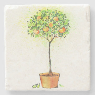 Posavasos De Piedra Árbol de fruta cítrica pintado de la acuarela en
