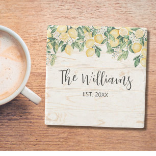 Posavasos De Piedra Árbol de limón amarillo monogramado madera blanca