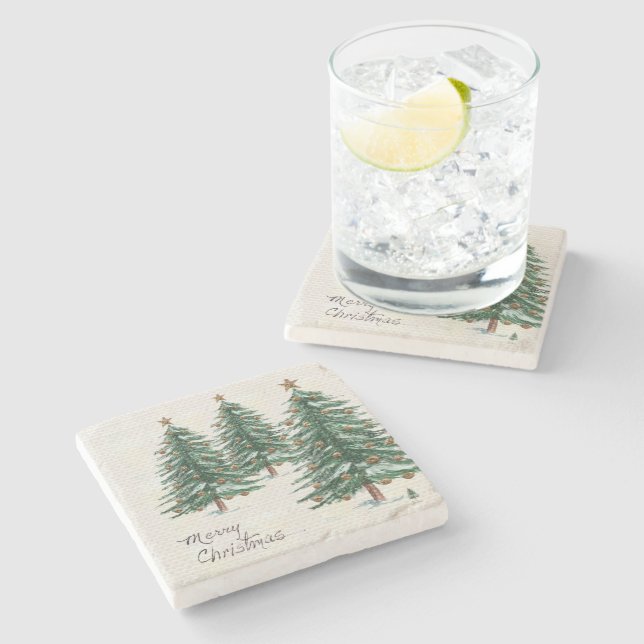 Posavasos De Piedra Árbol de navidad acuarela de estilo antiguo en nie (Lateral)