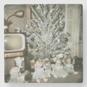 Posavasos De Piedra Árbol de Navidad de aluminio vintage con juguetes 
