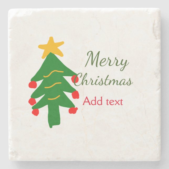 Posavasos De Piedra Árbol de navidad verde rojo alegre nombre de agreg (Anverso)