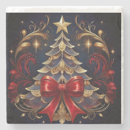 Posavasos De Piedra Árbol De Navidad Y Gran Bow Rojo