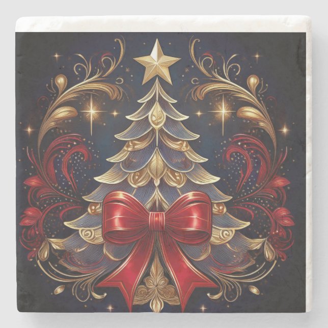 Posavasos De Piedra Árbol De Navidad Y Gran Bow Rojo (Anverso)