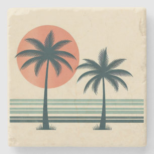 Posavasos De Piedra Árbol de palmeras tropicales retro/vintage