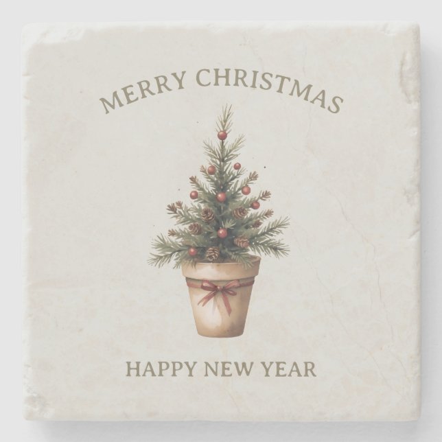 Posavasos De Piedra árbol de piña de Navidad rústico personalizado par (Anverso)