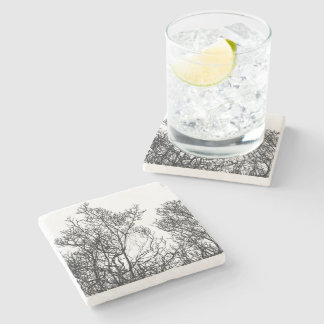 Posavasos De Piedra Árbol detallado vintage en blanco y negro
