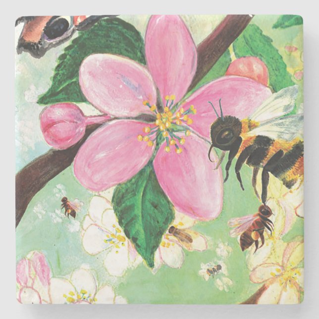 Posavasos De Piedra Árbol floreciente con Ilustracion de abejas (Anverso)