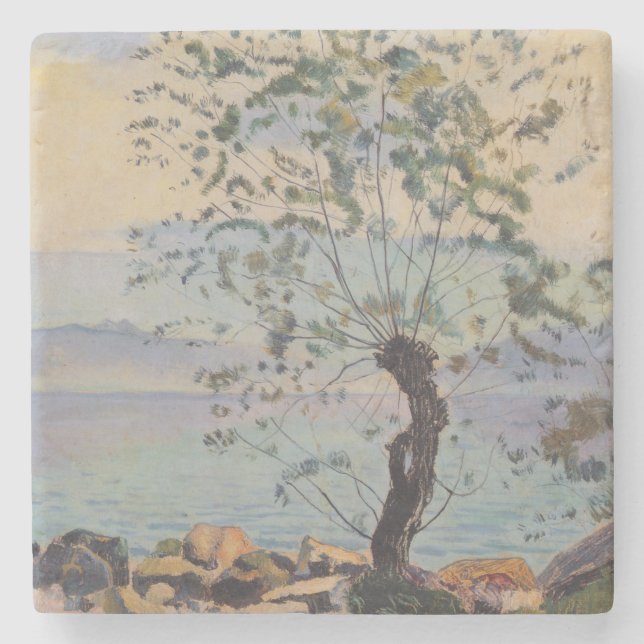 Posavasos De Piedra Árbol silvestre junto al lago (paisaje suizo) (Anverso)
