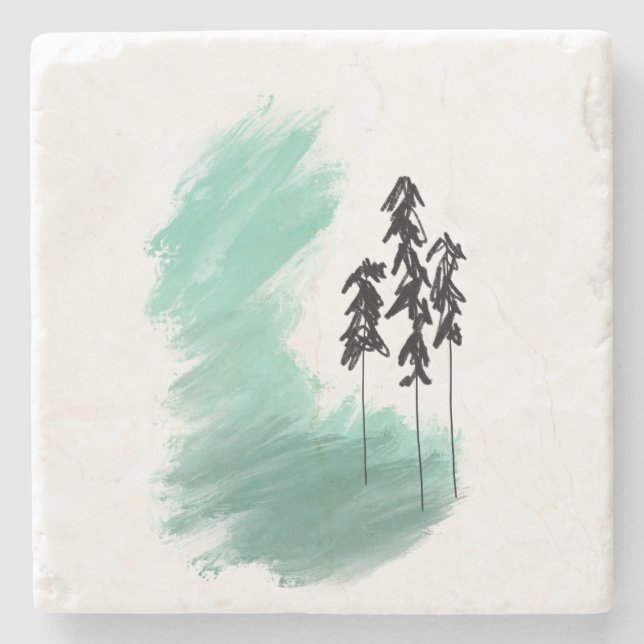 Posavasos De Piedra Árbol verde escandinavo arte simple menta moderna (Anverso)