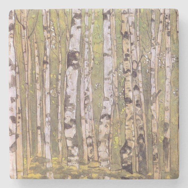 Posavasos De Piedra Árboles de aves en bosque de bosques (Roerich) (Anverso)