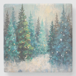 Posavasos De Piedra Árboles de Navidad verdes Bosque de invierno