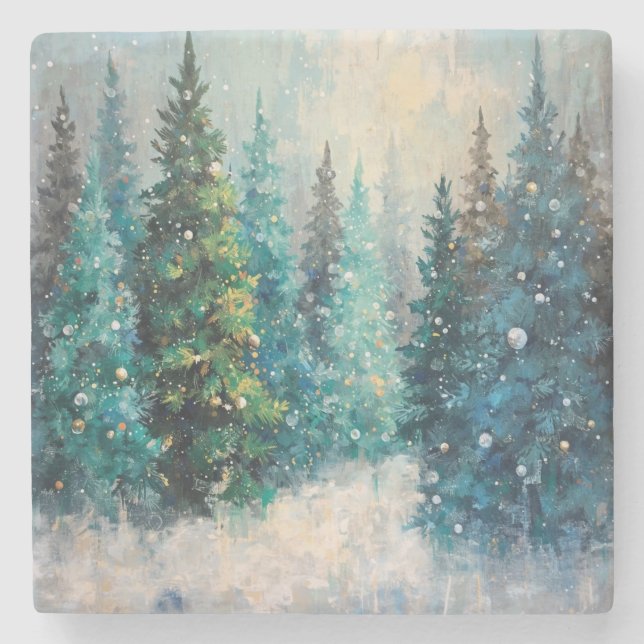 Posavasos De Piedra Árboles de Navidad verdes Bosque de invierno (Anverso)