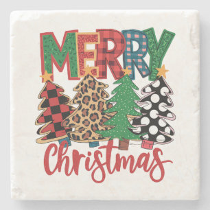 Posavasos De Piedra Árboles de patrones navideños de Feliz