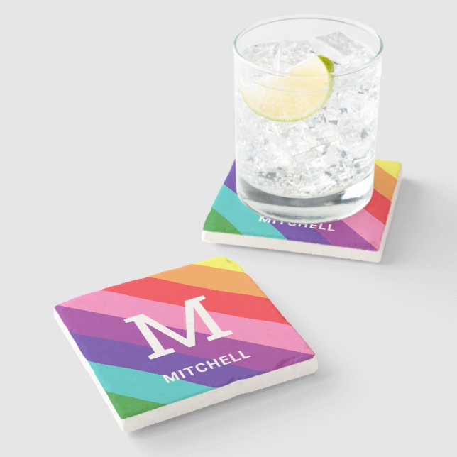 Posavasos De Piedra Arcoiris 8 Stripe Gay Prige Personalizado Monogram (Lateral)