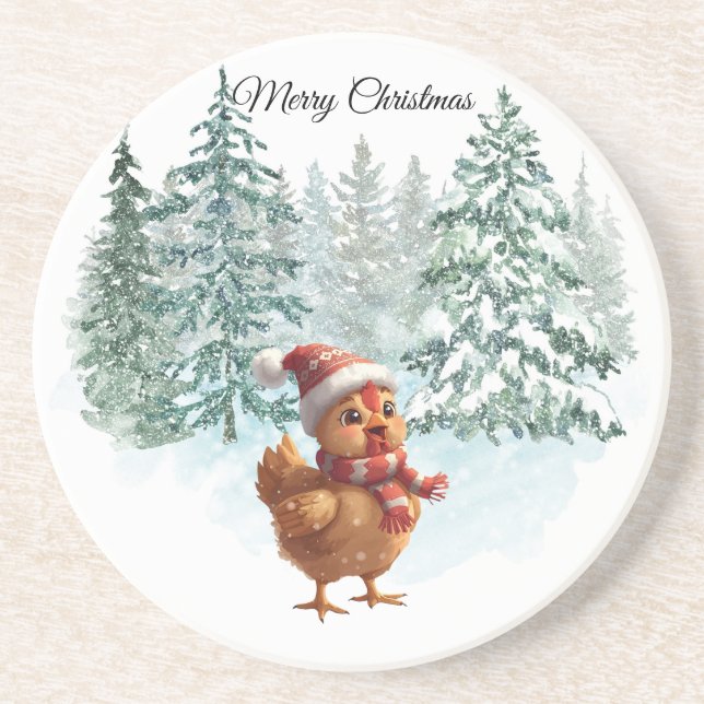 Posavasos de piedra arenisca de pollo de Navidad (Frente)