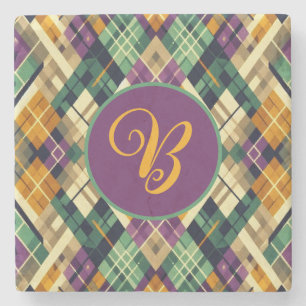 Posavasos De Piedra Argyle Mardi Gras verde púrpura amarillo