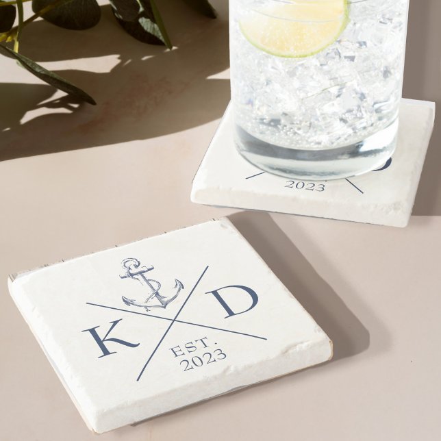 Posavasos De Piedra Armada de anclaje de monograma náutico (Immerse yourself in the calming, serene energy of the sea with our Monogram Anchor Stone Coaster)