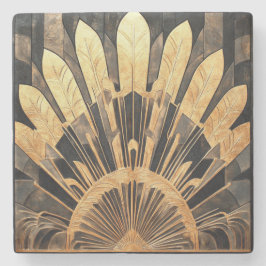 Posavasos De Piedra Art Deco Gold Black Sunburst Motif