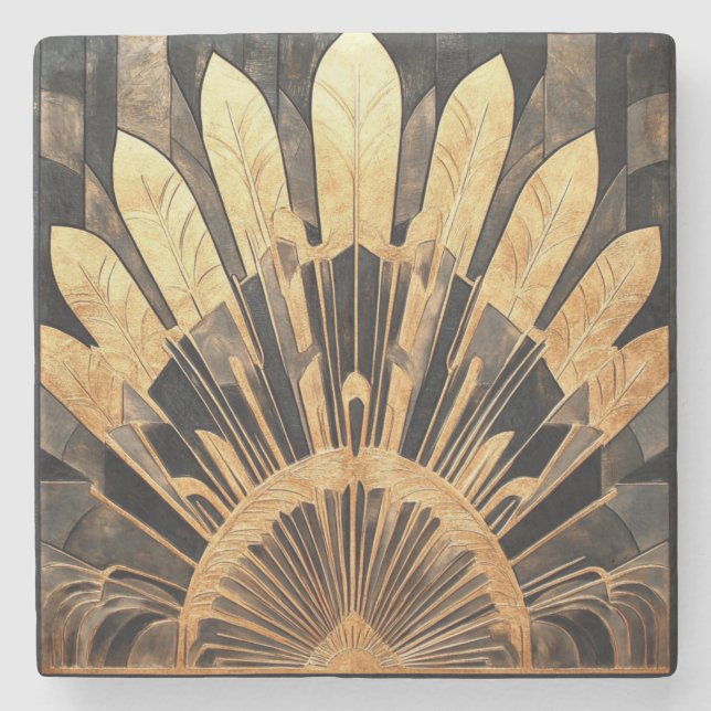 Posavasos De Piedra Art Deco Gold Black Sunburst Motif (Anverso)