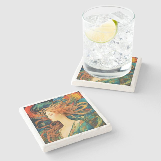 Posavasos De Piedra Art Nouveau "Flowing Redhead" Marble Coaster (Lateral)
